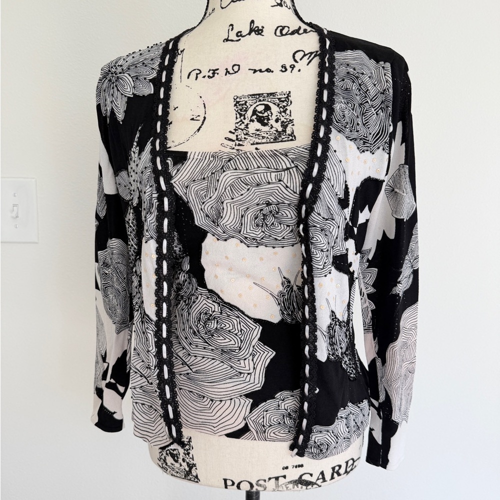 Alberto Makali Monochrome Floral Open Cardigan &‎ Tank Top Set Sz M Romantic - Picture 5 of 16